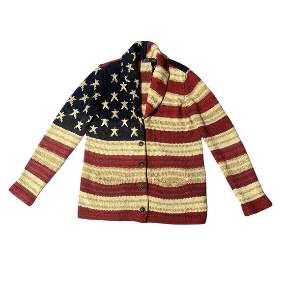 Ralph Lauren Polo Flag Cardigan Sweater Shawl Collar Americana Vintage Knit L - Picture 1 of 16